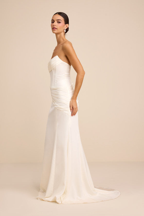 Claudette White Satin Strapless Bustier Maxi Dress