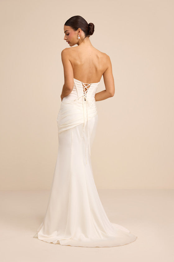 Claudette White Satin Strapless Bustier Maxi Dress