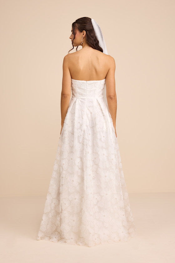 Elysande White Embroidered Beaded Strapless Maxi Dress