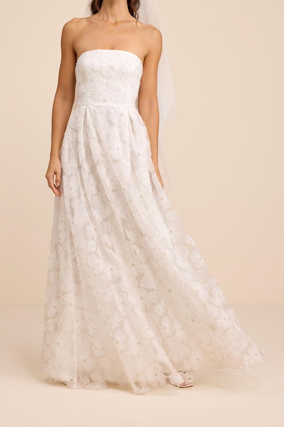 Elysande White Embroidered Beaded Strapless Maxi Dress
