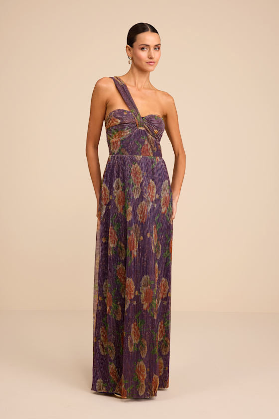 Maribella Dark Purple Floral Lurex Pleated Maxi Dress