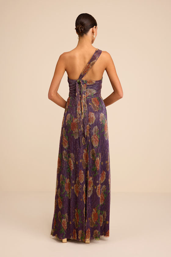 Maribella Dark Purple Floral Lurex Pleated Maxi Dress