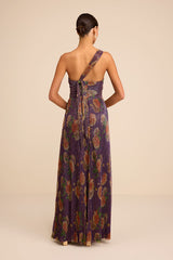 Maribella Dark Purple Floral Lurex Pleated Maxi Dress