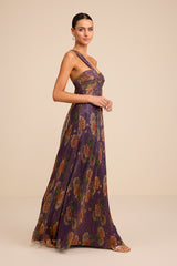 Maribella Dark Purple Floral Lurex Pleated Maxi Dress