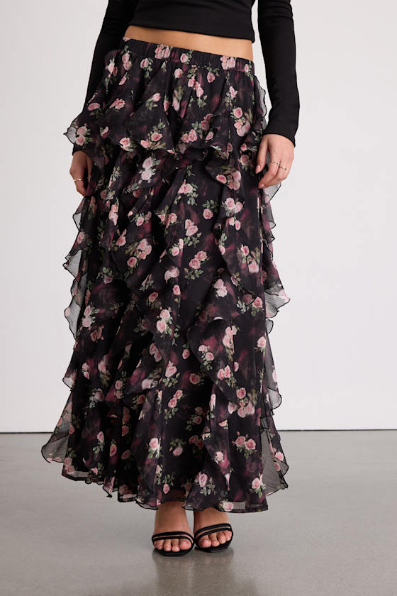 Carion Black Floral Ruffled Maxi Skirt