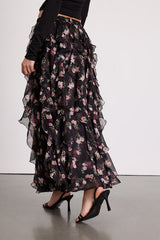 Carion Black Floral Ruffled Maxi Skirt