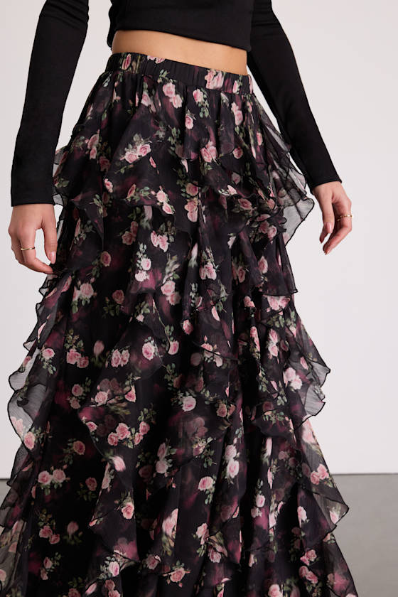 Carion Black Floral Ruffled Maxi Skirt
