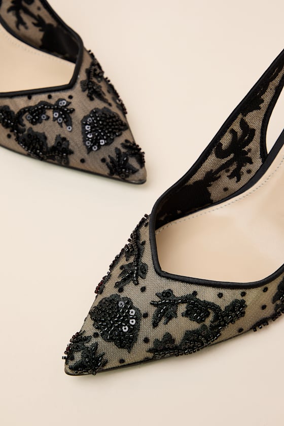 SB-Nikki Black Beaded Embroidered Slingback Pumps