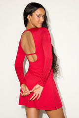 Caylis Red Ruched Long Sleeve Cutout Mini Dress