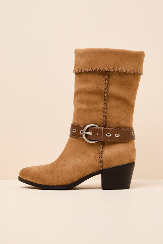 Leah Cognac Suede Buckle Mid-Calf Boots