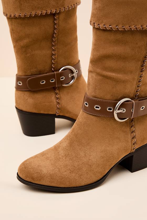 Leah Cognac Suede Buckle Mid-Calf Boots