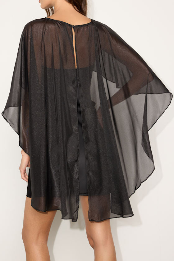 Amini Black Satin Cape Sleeve Mini Dress