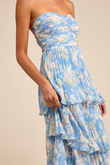Seriously Sensational Blue Floral Strapless Tiered Maxi Dress