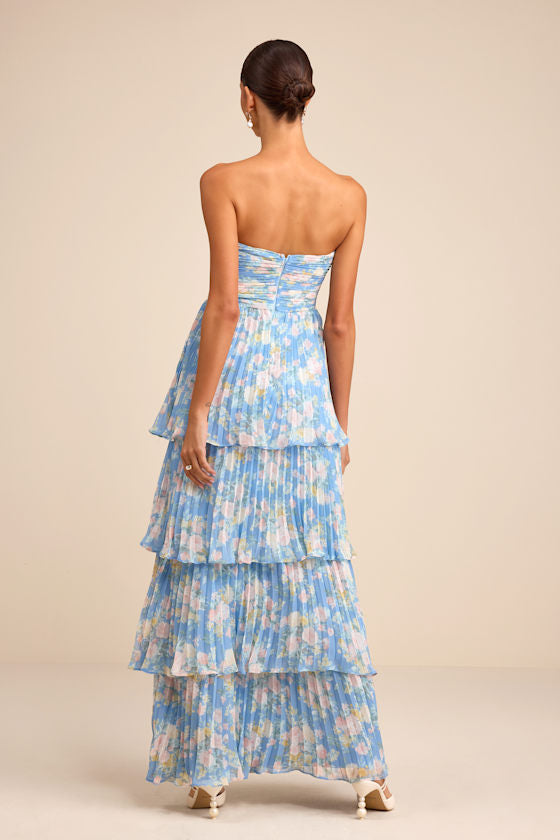 Seriously Sensational Blue Floral Strapless Tiered Maxi Dress