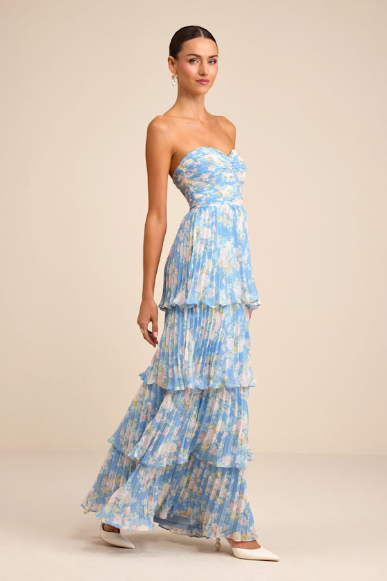 Seriously Sensational Blue Floral Strapless Tiered Maxi Dress