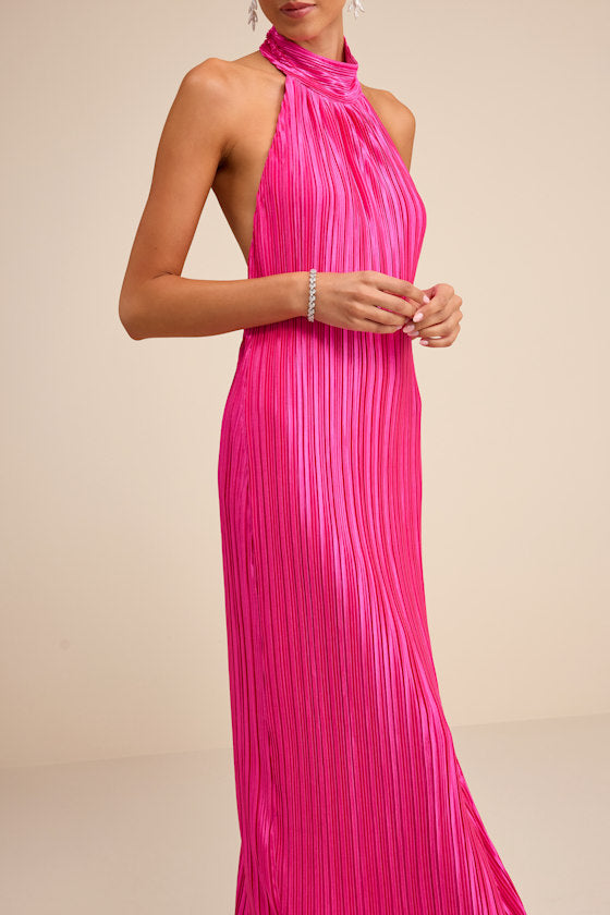 Gwenny Hot Pink Satin Plisse Maxi Dress