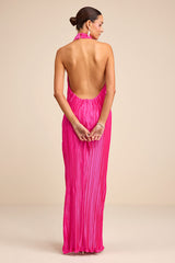 Gwenny Hot Pink Satin Plisse Maxi Dress