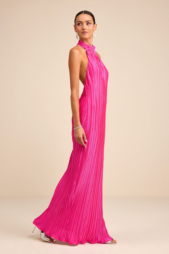 Gwenny Hot Pink Satin Plisse Maxi Dress