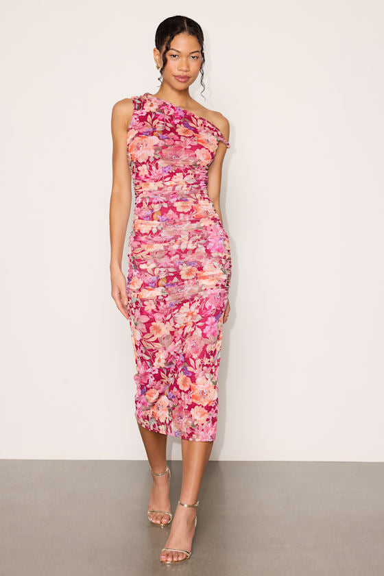 Mizela Berry Red Floral Mesh One-Shoulder Midi Dress