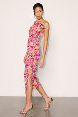 Mizela Berry Red Floral Mesh One-Shoulder Midi Dress