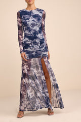 Vibrant Poise Blue Floral Print Mesh Ruched Maxi Dress