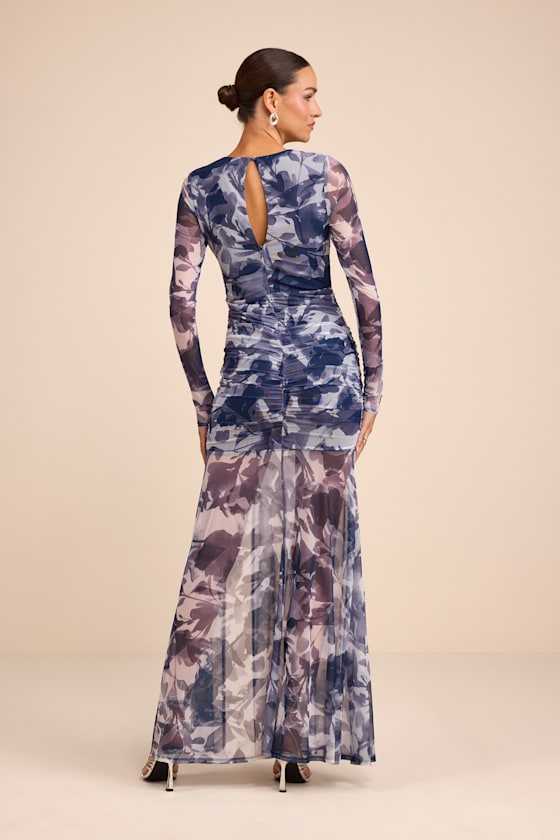 Vibrant Poise Blue Floral Print Mesh Ruched Maxi Dress
