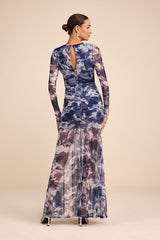 Vibrant Poise Blue Floral Print Mesh Ruched Maxi Dress