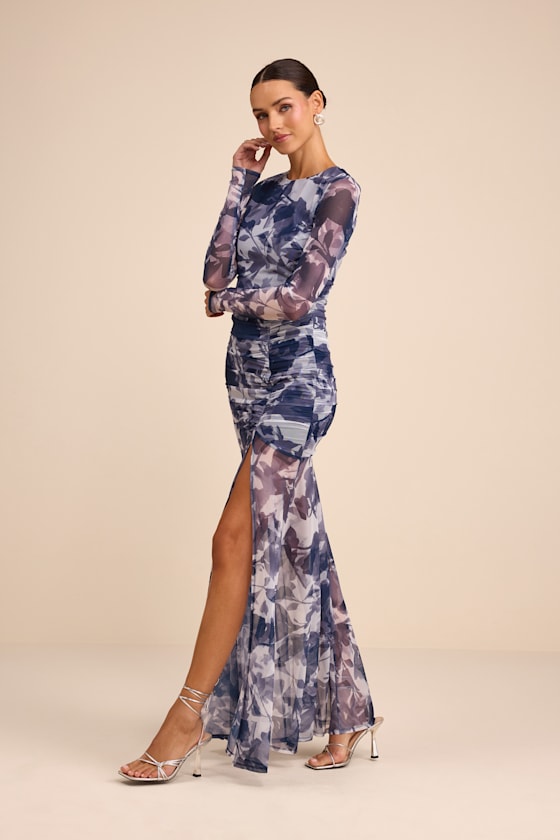 Vibrant Poise Blue Floral Print Mesh Ruched Maxi Dress