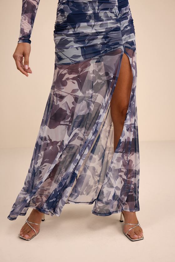 Vibrant Poise Blue Floral Print Mesh Ruched Maxi Dress