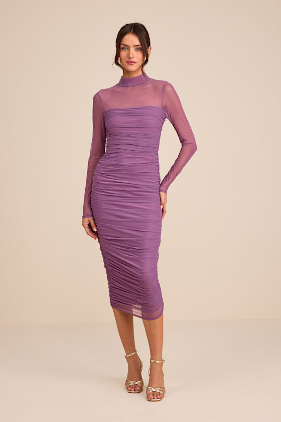 Impressive Flirt Dusty Purple Mesh Ruched Mock Neck Midi Dress