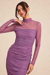 Impressive Flirt Dusty Purple Mesh Ruched Mock Neck Midi Dress