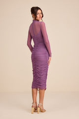 Impressive Flirt Dusty Purple Mesh Ruched Mock Neck Midi Dress