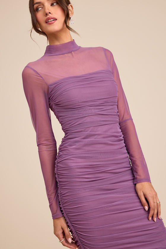 Impressive Flirt Dusty Purple Mesh Ruched Mock Neck Midi Dress