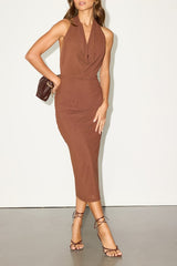 Venus Brown Mesh Backless Midi Dress
