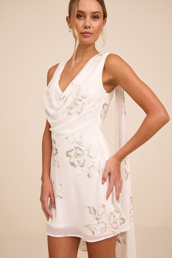 Sidonia White and Gold Floral Cowl Sash Mini Dress
