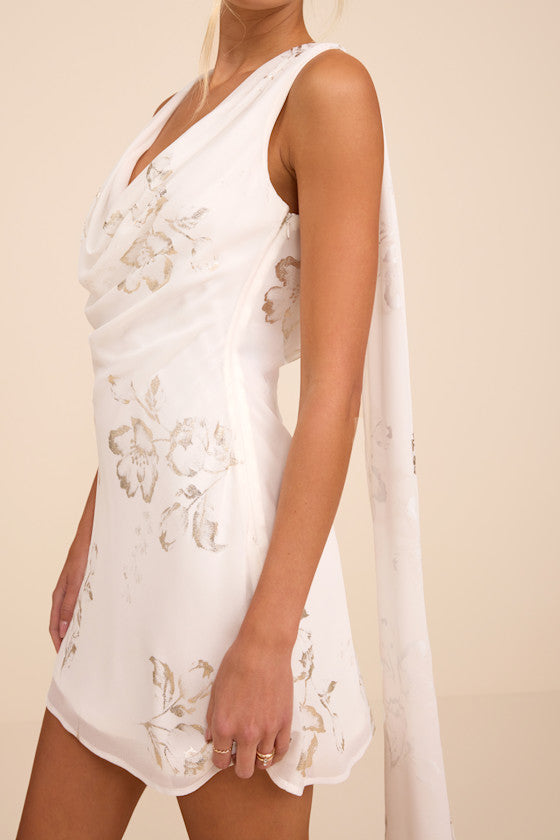 Sidonia White and Gold Floral Cowl Sash Mini Dress