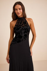 Lovella Black Velvet Burnout Chiffon Maxi Dress