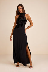 Lovella Black Velvet Burnout Chiffon Maxi Dress