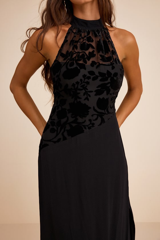 Lovella Black Velvet Burnout Chiffon Maxi Dress