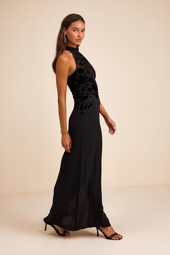 Lovella Black Velvet Burnout Chiffon Maxi Dress