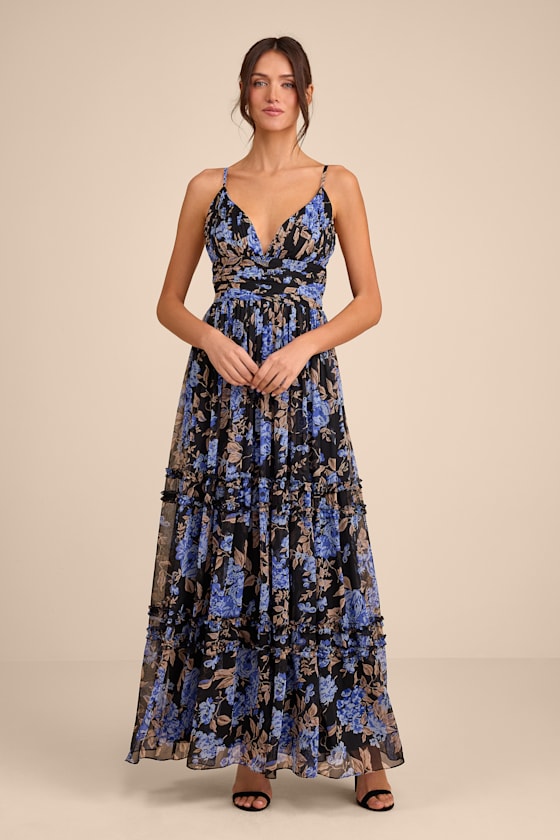 Niora Black and Blue Floral Pleated Maxi Dress