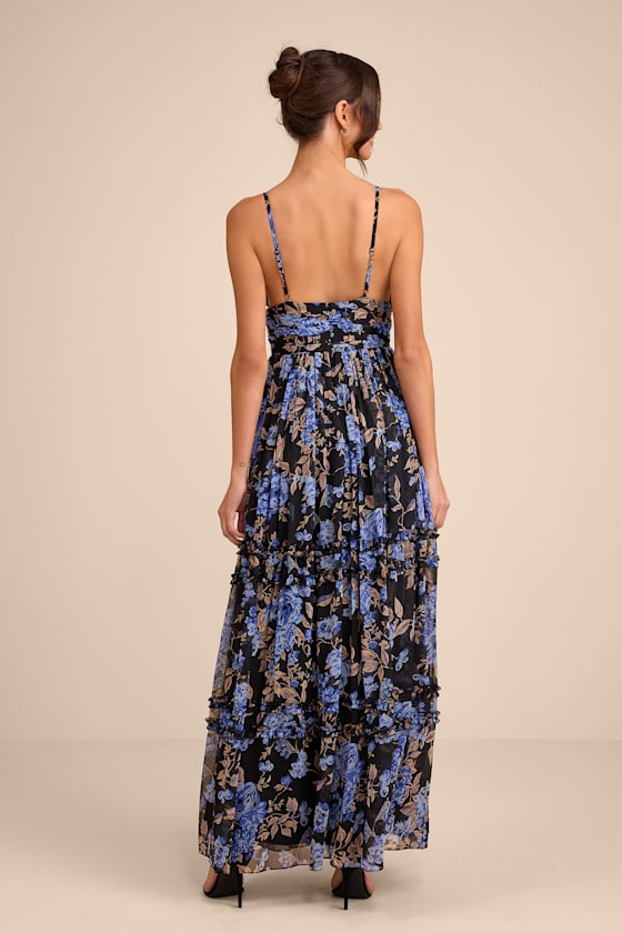 Niora Black and Blue Floral Pleated Maxi Dress