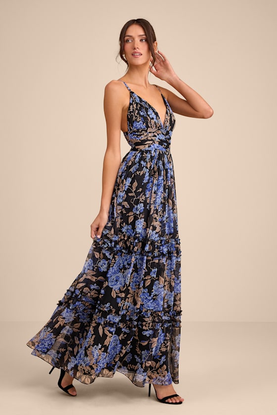 Niora Black and Blue Floral Pleated Maxi Dress