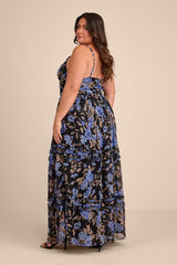 Niora Black and Blue Floral Pleated Maxi Dress