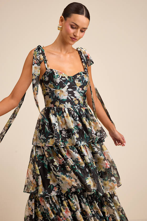 Svea Black Floral Tiered Tie-Strap Midi Dress