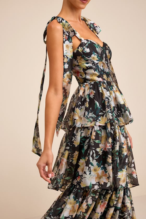 Svea Black Floral Tiered Tie-Strap Midi Dress