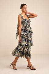 Svea Black Floral Tiered Tie-Strap Midi Dress