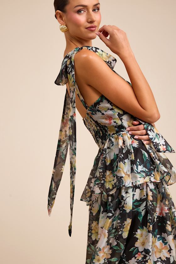Svea Black Floral Tiered Tie-Strap Midi Dress