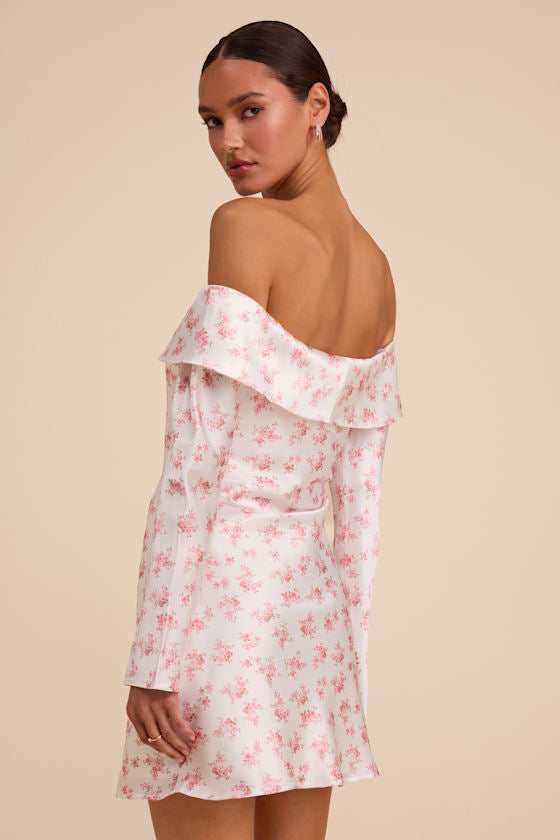 Luxurious Vision White Floral Satin Off-the-Shoulder Mini Dress
