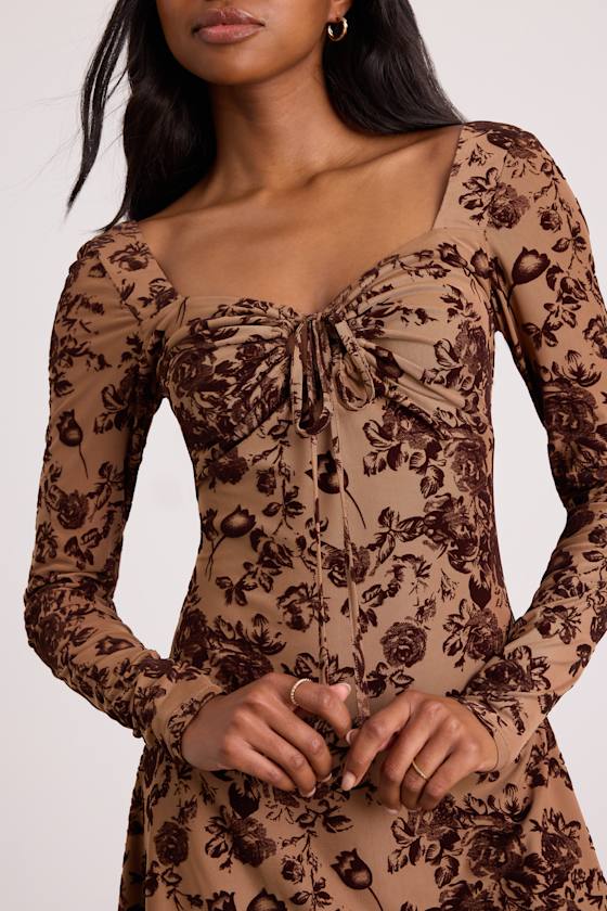 Ardella Light Brown Floral Mesh Long Sleeve Mini Dress